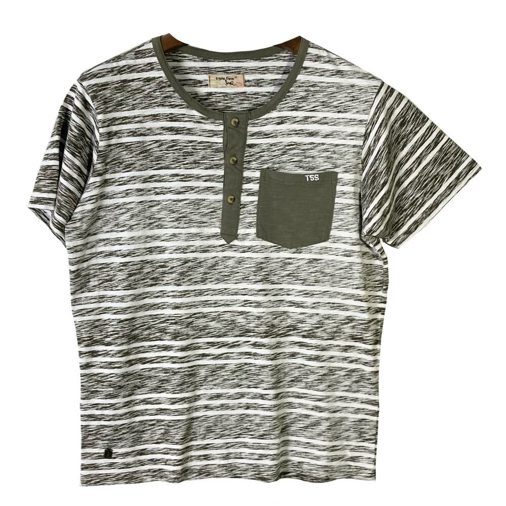 NWOT TRIPLE FIVE SOUL T-shirt M Grey Stripe Heather Henley Pocket Short-Sleeve